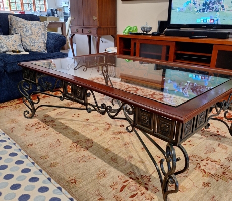 BEAUTIFUL WOOD AND WROUGHT IRON COFFEE TABLE